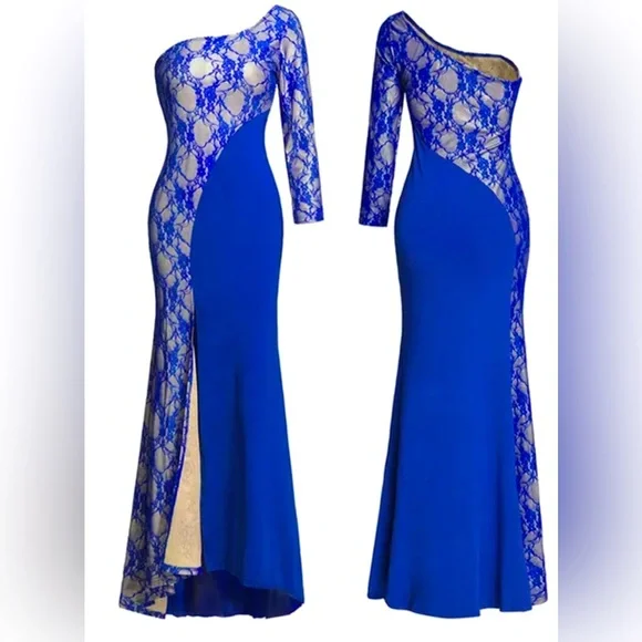 HOST PICK❣️New Blue Mesh Overlay One Shoulder Evening Dress Gown Sz XXL 14/16 - Picture 3 of 8